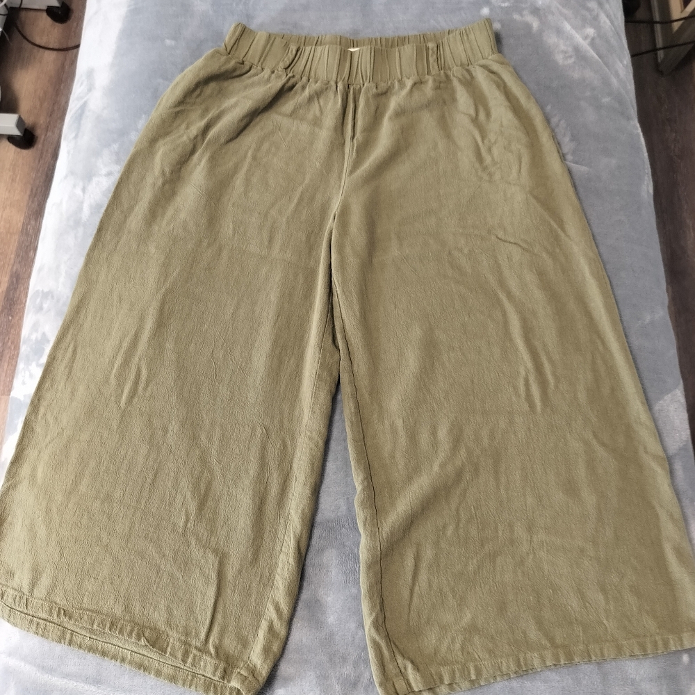 2/$30 FORE Collection Cotton Linen Blend Wide Leg Cropped Pants Women Sz L Olive